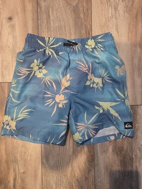 Quiksilver Teal Swim Trunks with Yellow Floral Print